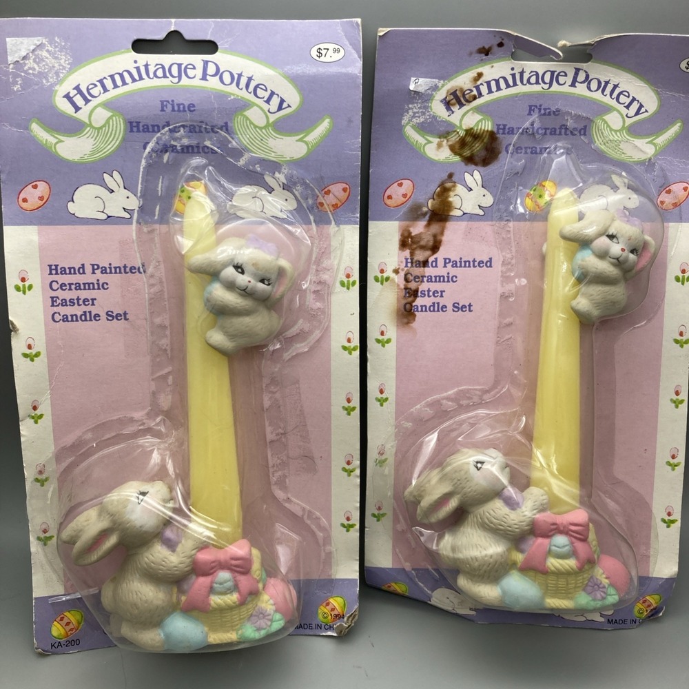 Hermitage Pottery Easter Candles Ceramic Bunny Rabbits Easter Basket Vintage X2